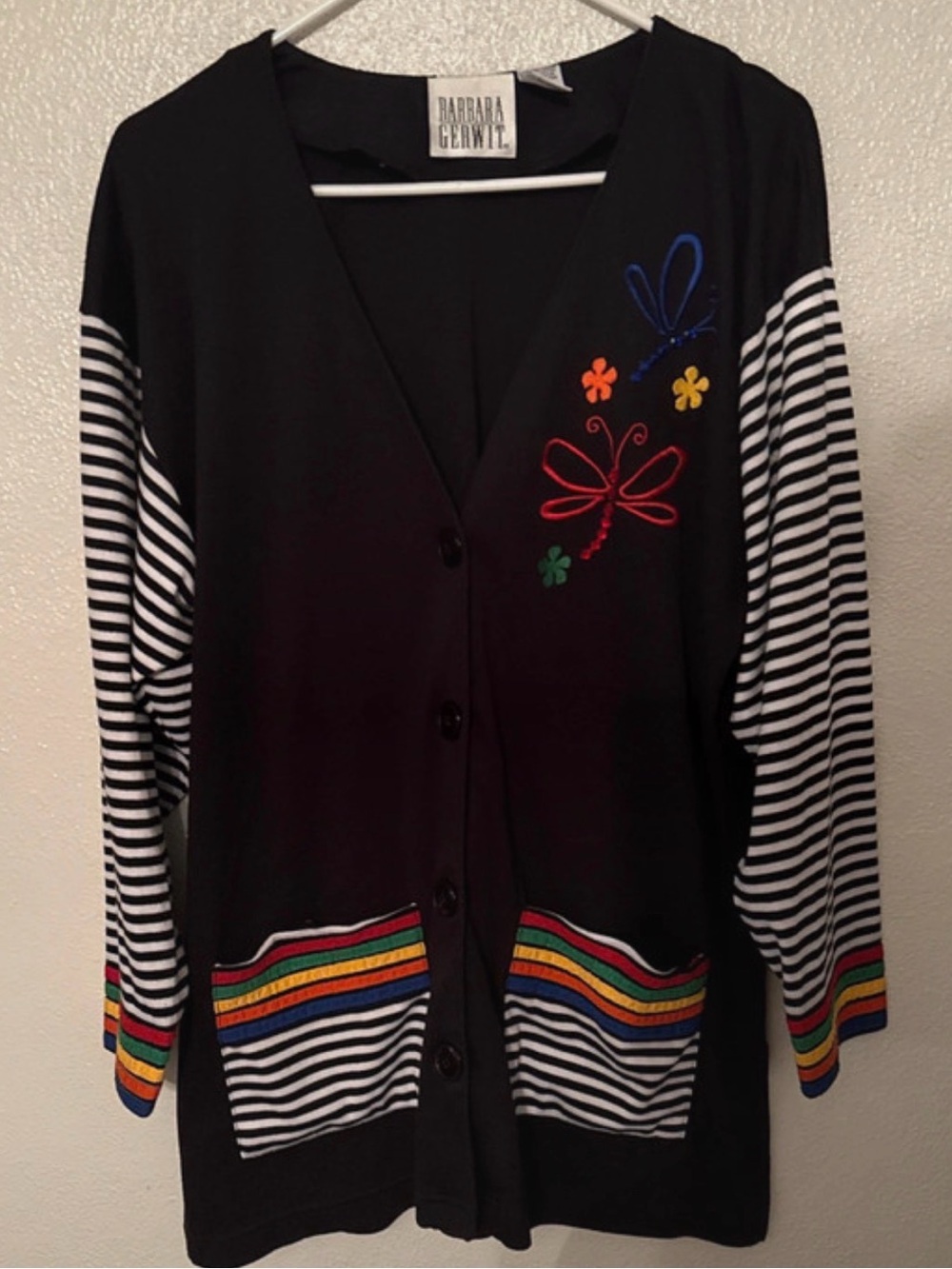Vintage Barbara Gerwit Black Cardigan with Striped Sleeves & Rainbow Trim